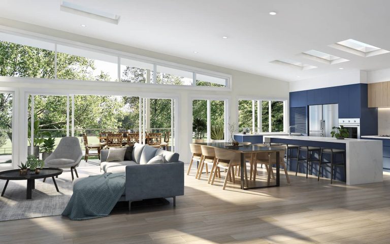 a living room with a kitchen and dining area
